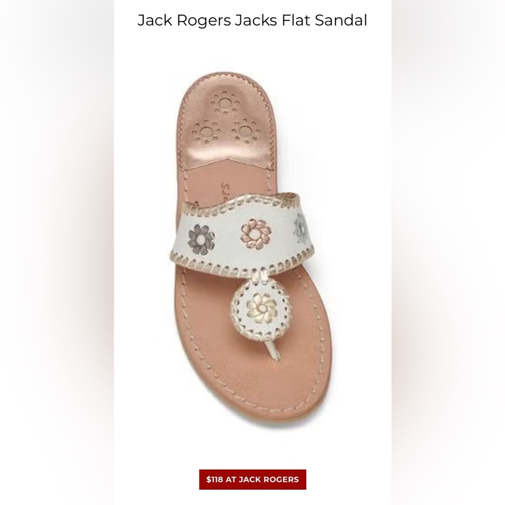 Jack Rogers Jacks Flat Leather Sandal in White Metallic Size 8